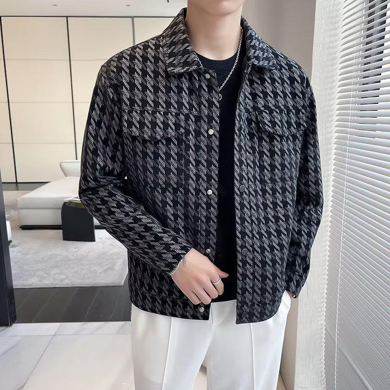 Trendige Hahnentritt-Lederjacke für Herren im koreanischen Stil – lässige und vielseitige Frühlingsmode mit hochwertigem Revers Extra Large schwarz