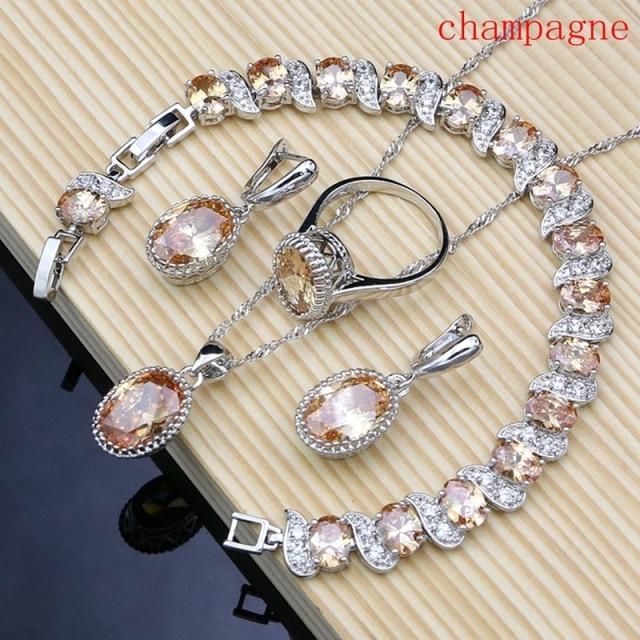 Natürlicher 925er Silberschmuck, roter Geburtsstein, Charm-Schmuckset für Damen, Ohrringe/Anhänger/Halskette/Ring/Armbänder 6 champagner