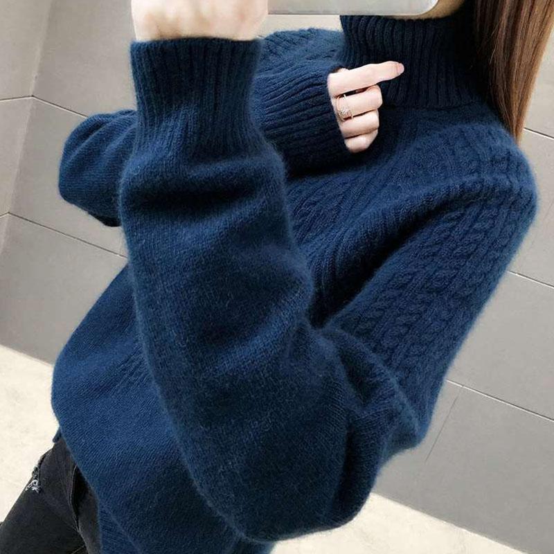 High Neck Pullover Pullover Frauen 2023 Lose Herbst/Winter Frauen Unterlage Langarm Solide Strick Pullover Pullover Weibliche One Size navy blau