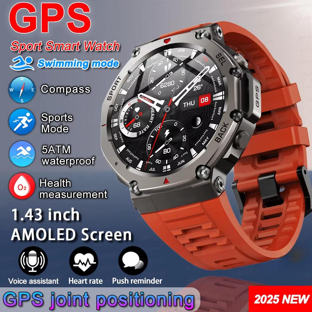 2025 Neue T-Rex 3 Ultra GPS Smartwatch 5 ATM Wasserdicht Eingebautes Dualband-GNSS Kompass Militär Sport Smartwatch rot