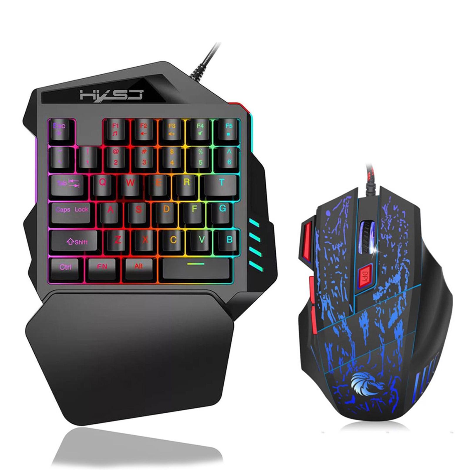 HXSJ J50 Einhand-Gaming-Tastatur 35 Tasten LED-Hintergrundbeleuchtung + Kabelgebundene Gaming-Maus mit atmungsaktivem Licht