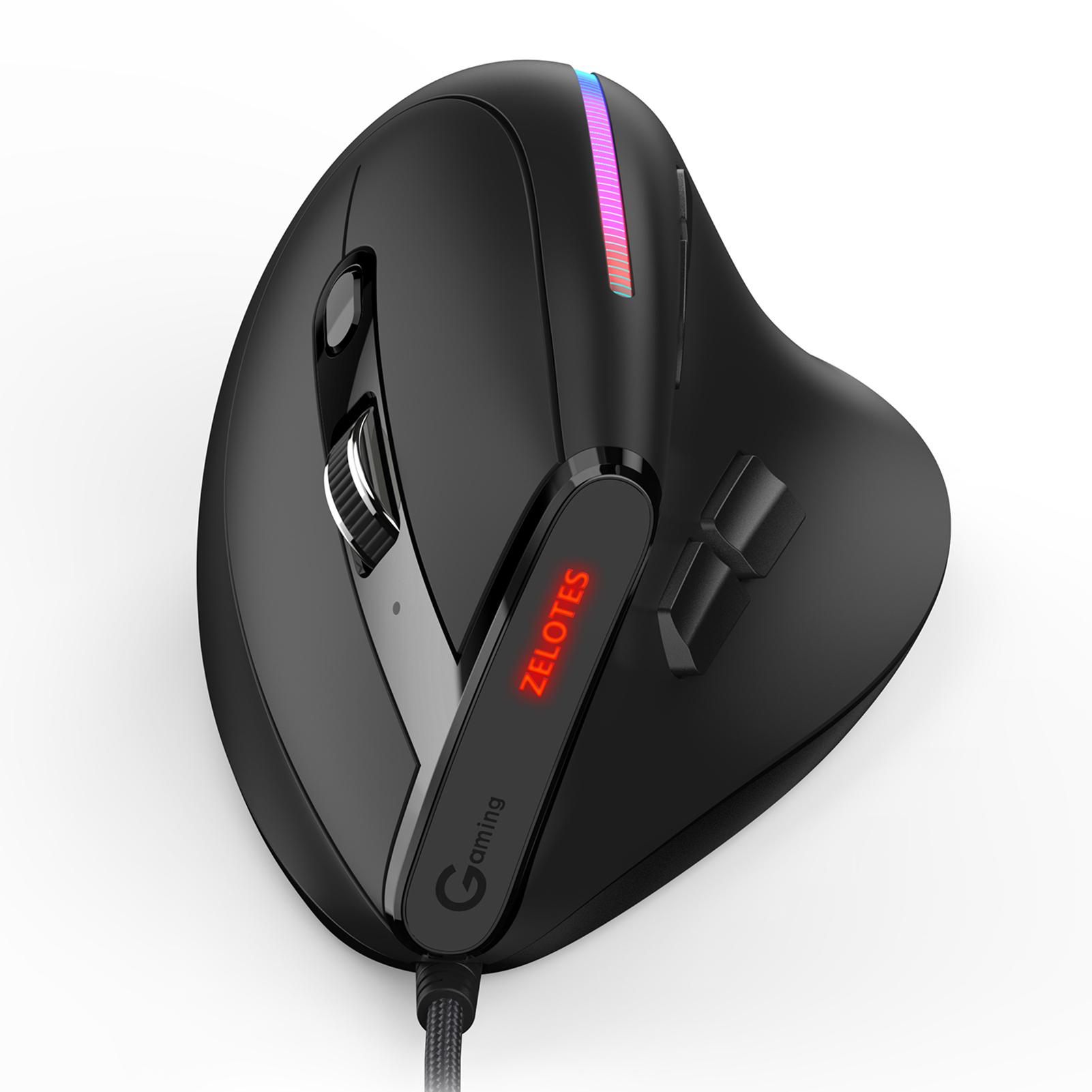 ZELOTES T-50 vertikale Maus, kabelgebundene Maus, 9 Tasten, optische RGB-Maus, 6 Gänge DPI, ergonomisches Design, Schwarz schwarz