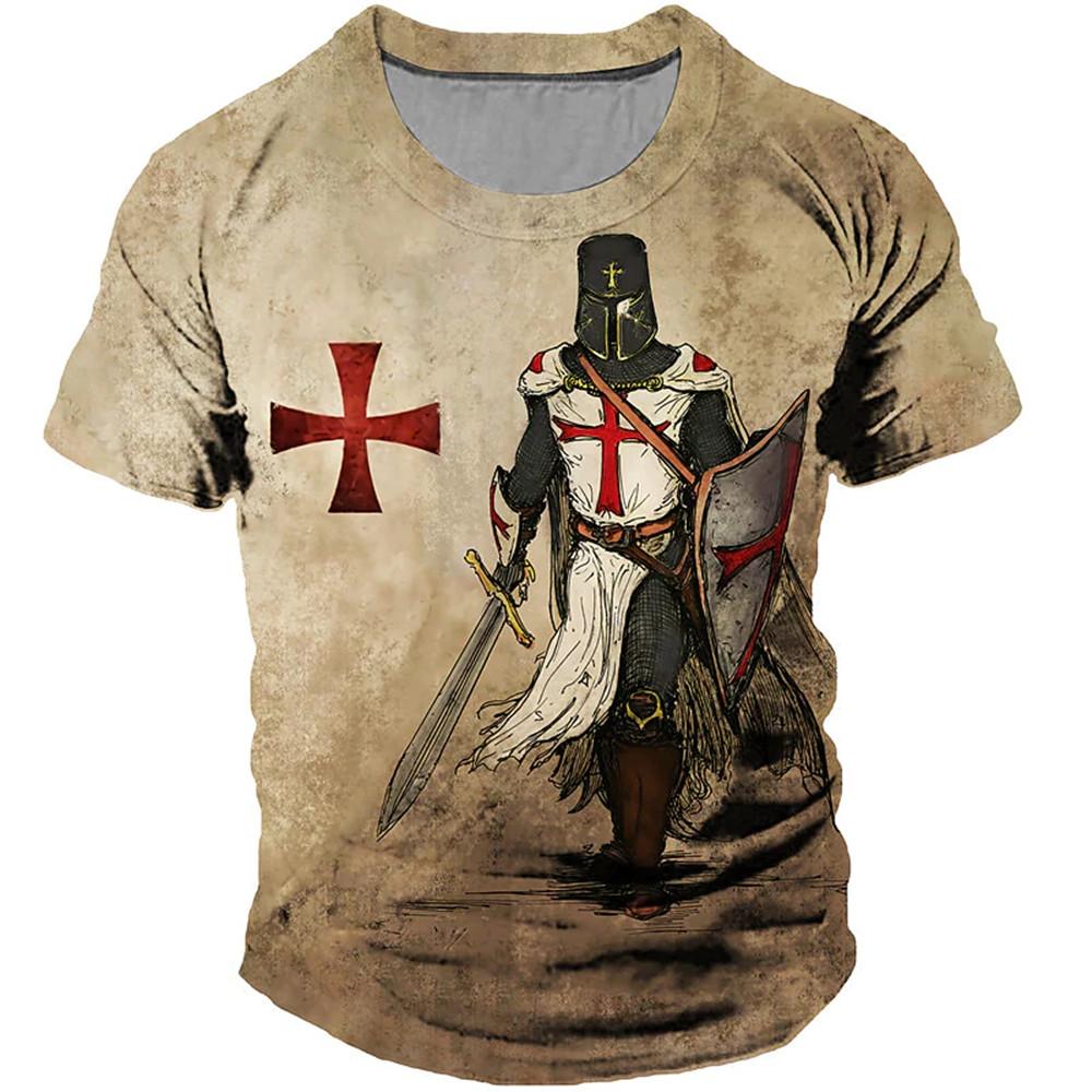 Vintage Herren T-Shirts Ritter Templer Print T-Shirts für Männer Sommer Übergroße Tops Kurzarm T-Shirts Lässige O-Ausschnitt Herrenbekleidung L
