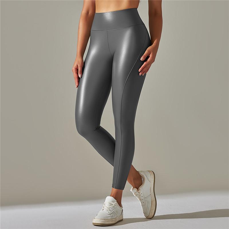 Nessaj PU-Leder-Leggings, dehnbare Damen-Kunstleder-Leggings, lässige Bleistifthose mit hoher Taille L grau