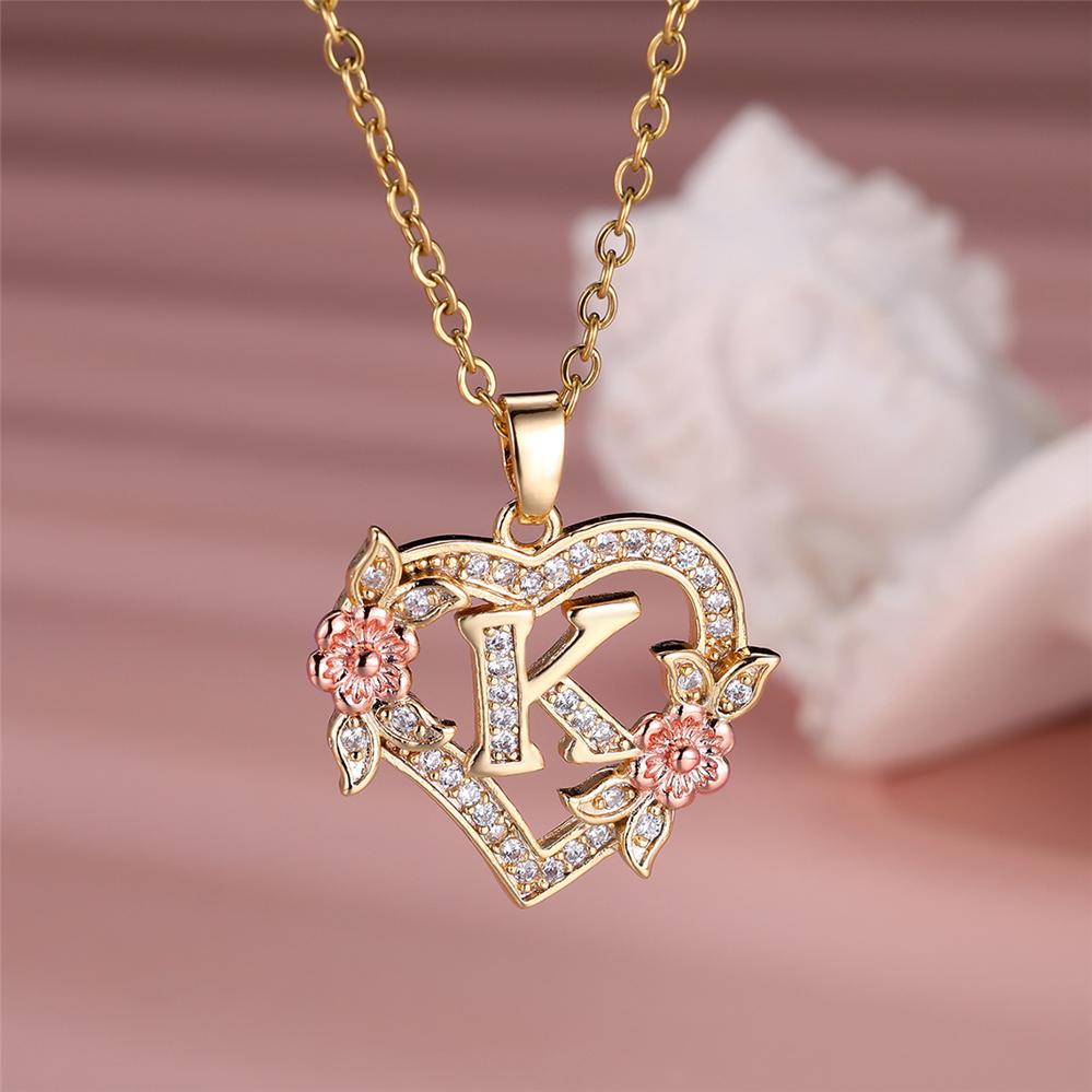 Halskette mit Herz-Anhänger, Anfangsbuchstabe AZ für Frauen, eleganter Zirkonia, Roségold, Blumen-Alphabet-Herz-Anhänger, Kette, Halsband, Schmuck, Geschenk K rose gold/gold