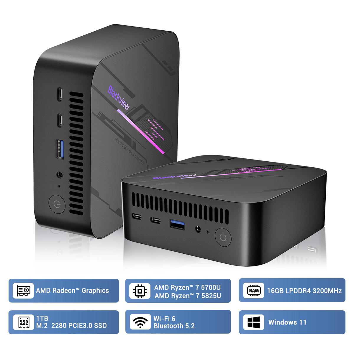 Blackview MP100 Mini-PC AMD R7 5700U 8-Core 16-Thread-Mini-PC 16 GB/32 GB DDR4 512 GB/1 TB SSD Mini-Computer-PC 16GB+1TB schwarz