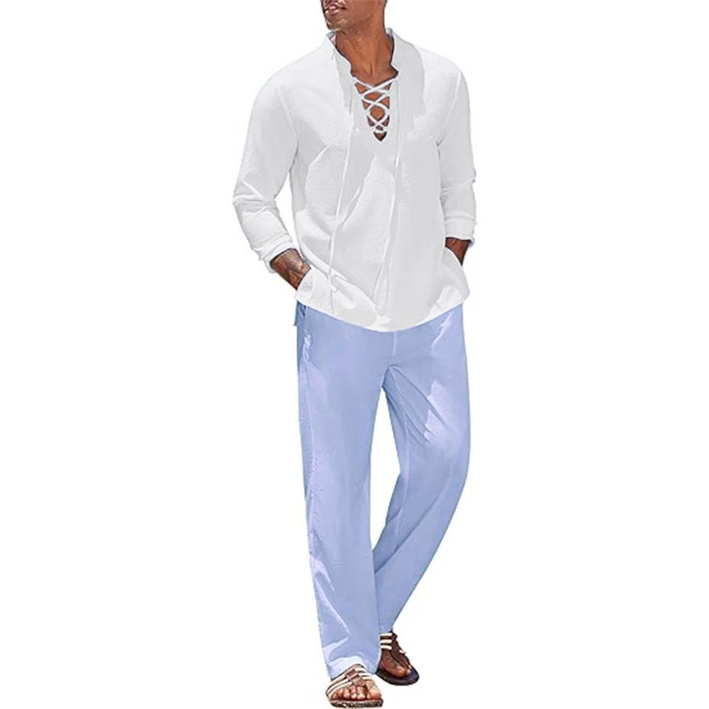 2-teiliges Set Herrenhemd und Hose aus Baumwollleinen, Anzüge für Männer, Strandkleidung, Trainingsanzug, Männer, einfarbige Hemden, Jogginghose, leicht L weiß/blau