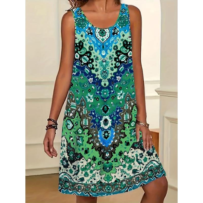 Sommer Damenkleider Strand Lässiger Stil Ärmellose Kleider Blumenmuster Rundhals Kleider Locker 7XL blue