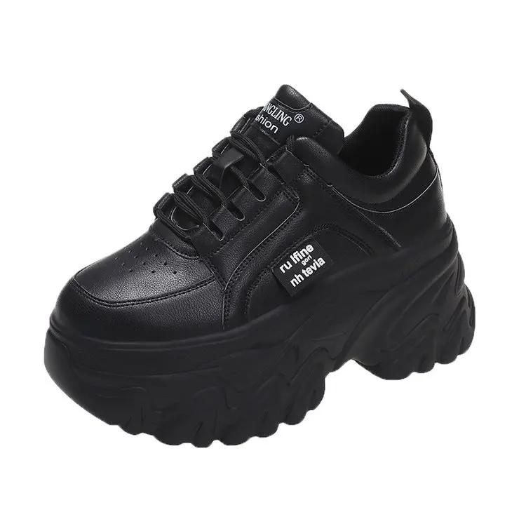 Mode Weiß Schwarz Chunky Sneakers Frauen Frühling Herbst Dicke Sohle Schuhe Frau Mode PU Leder Plattform Sneakers Damen Lace-up 34 schwarz