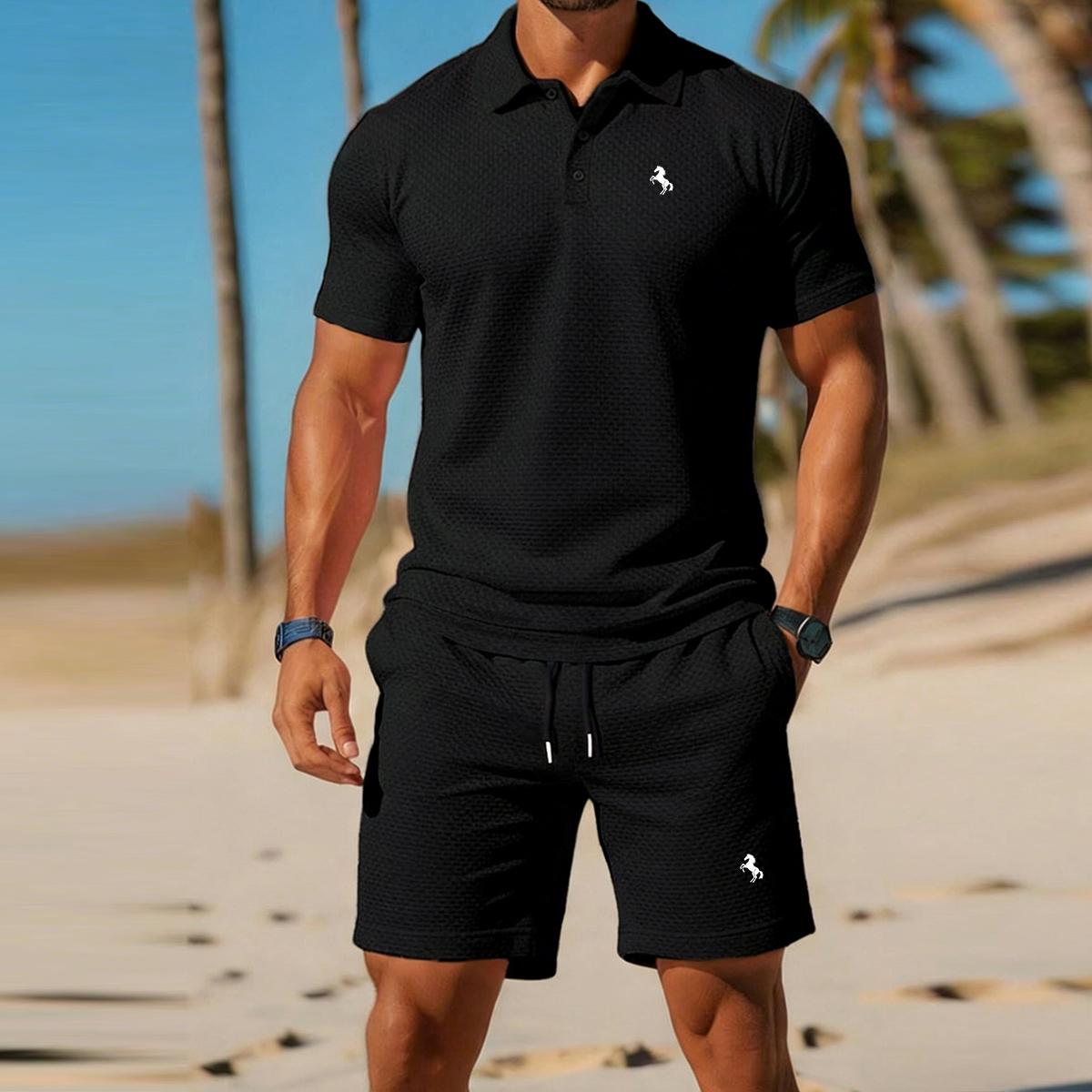 Sommer-Herren-Outfits 2-teilig - Locker geschnittene kurzärmelige Hemden und Shorts-Sets; Anzüge für Business, Pendeln, Golf und Freizeit XXL schwarz