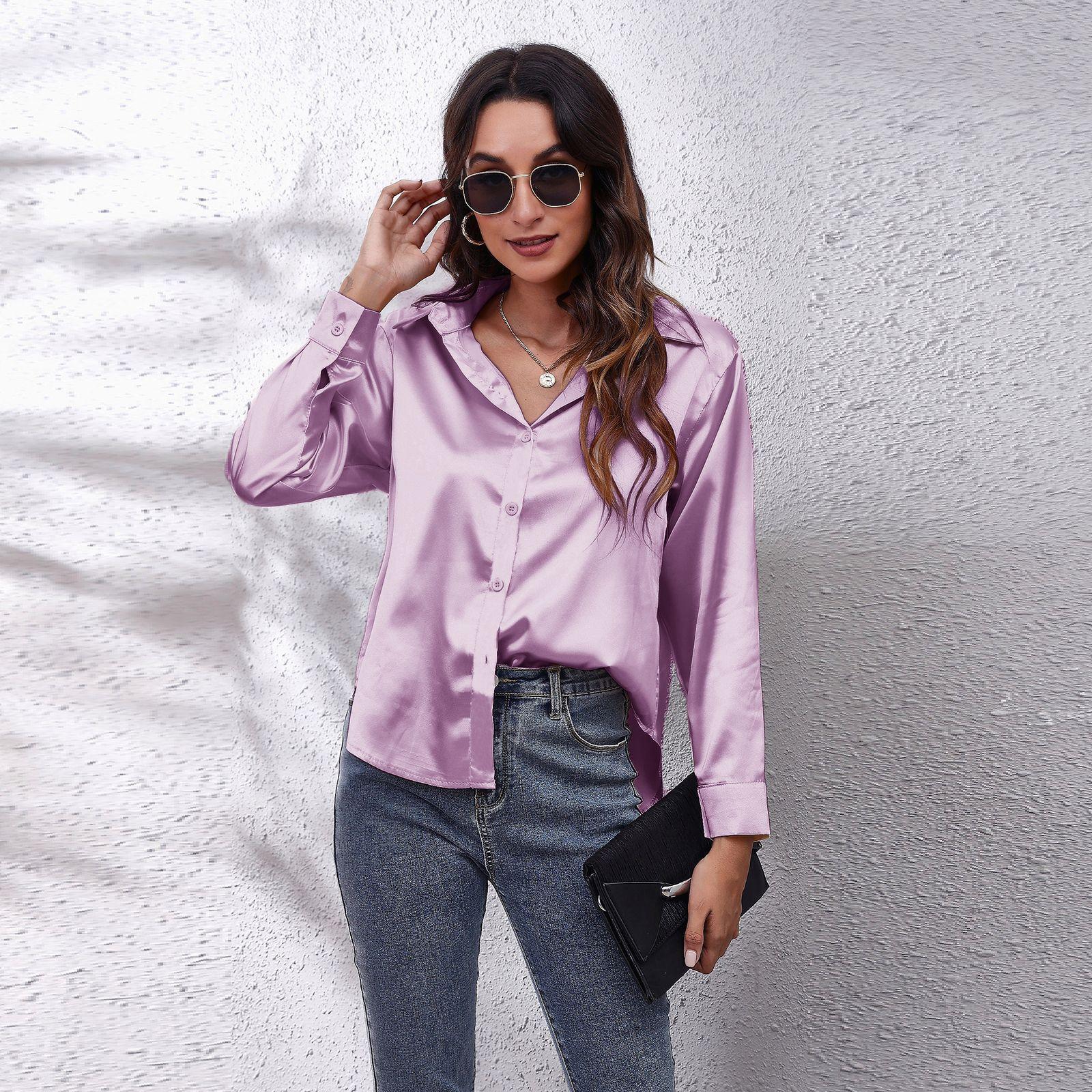 Bluse Damen Satin Simulation Seide Langarm Bluse Neu S lavendel