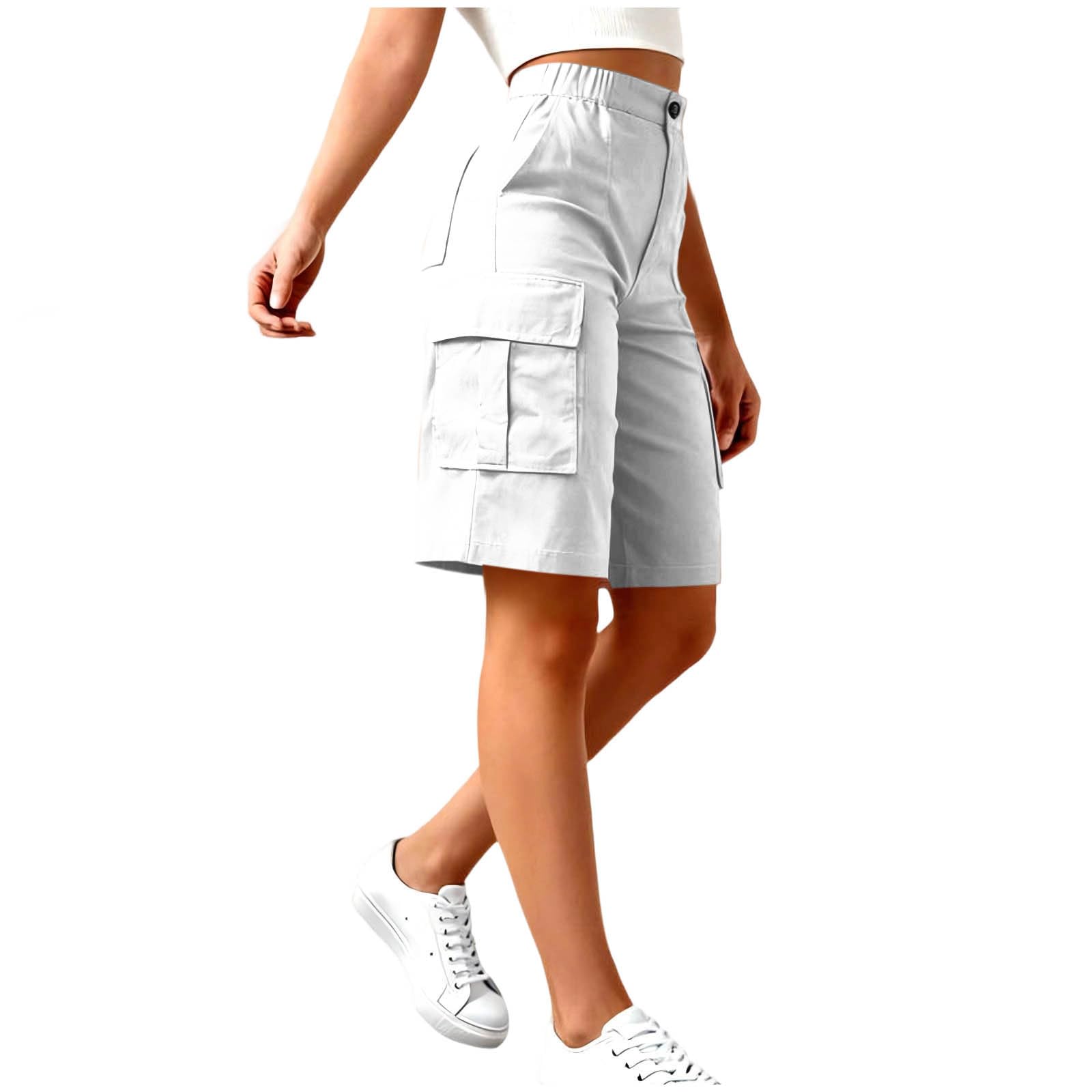 Cargo-Shorts für Damen Knielang Lässige Shorts Elastischer Bund Wander-Trainings-Reise-Shorts XXL weiß