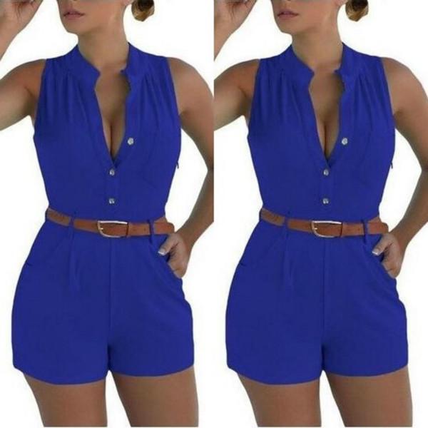 Dünner Damen-Overall mit V-Ausschnitt, schmaler Sommer-Overall, einfarbig, ärmellos, eng anliegend, Shorts mit hoher Taille XXL königsblau