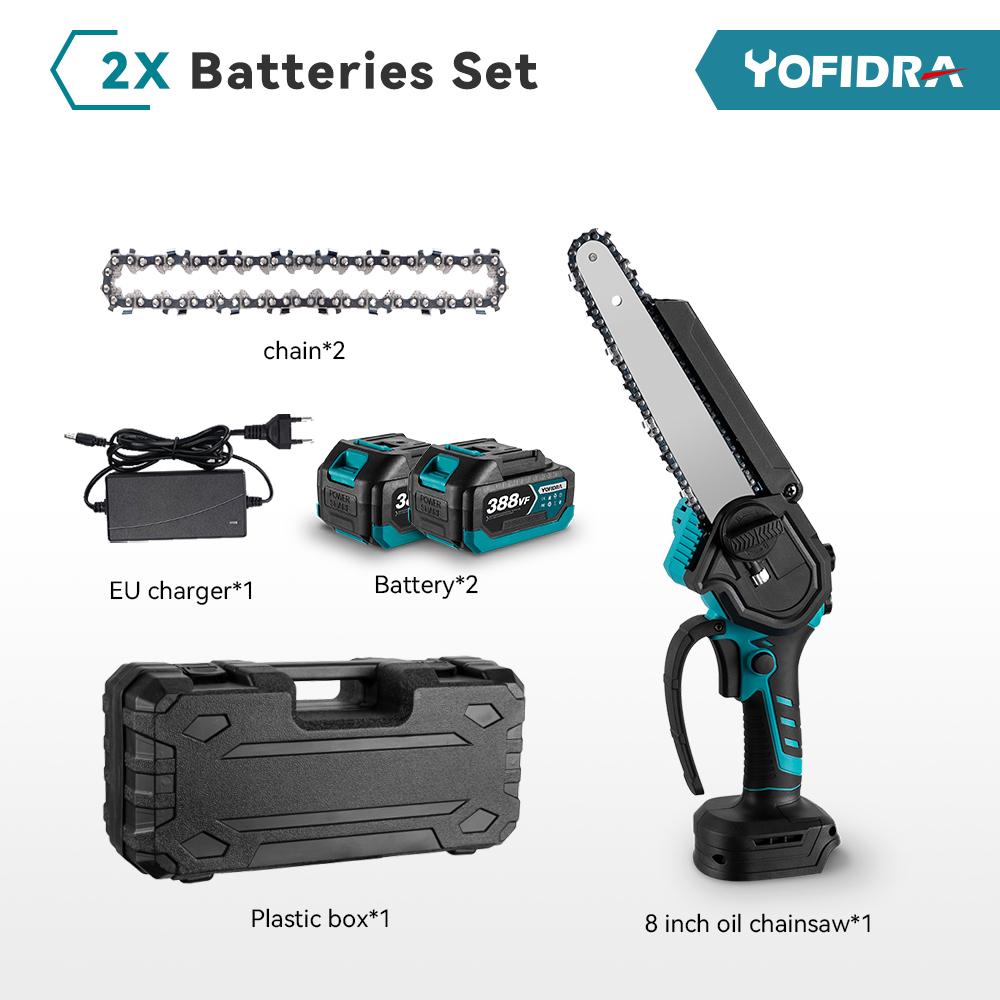 YOFIDRA 8 Zoll bürstenlose elektrische Kettensäge, kabellos, wiederaufladbar, Holzbearbeitung, Garten, Astsäge, Werkzeug für Makita 18 V Akku 2 Battery 3 Chains