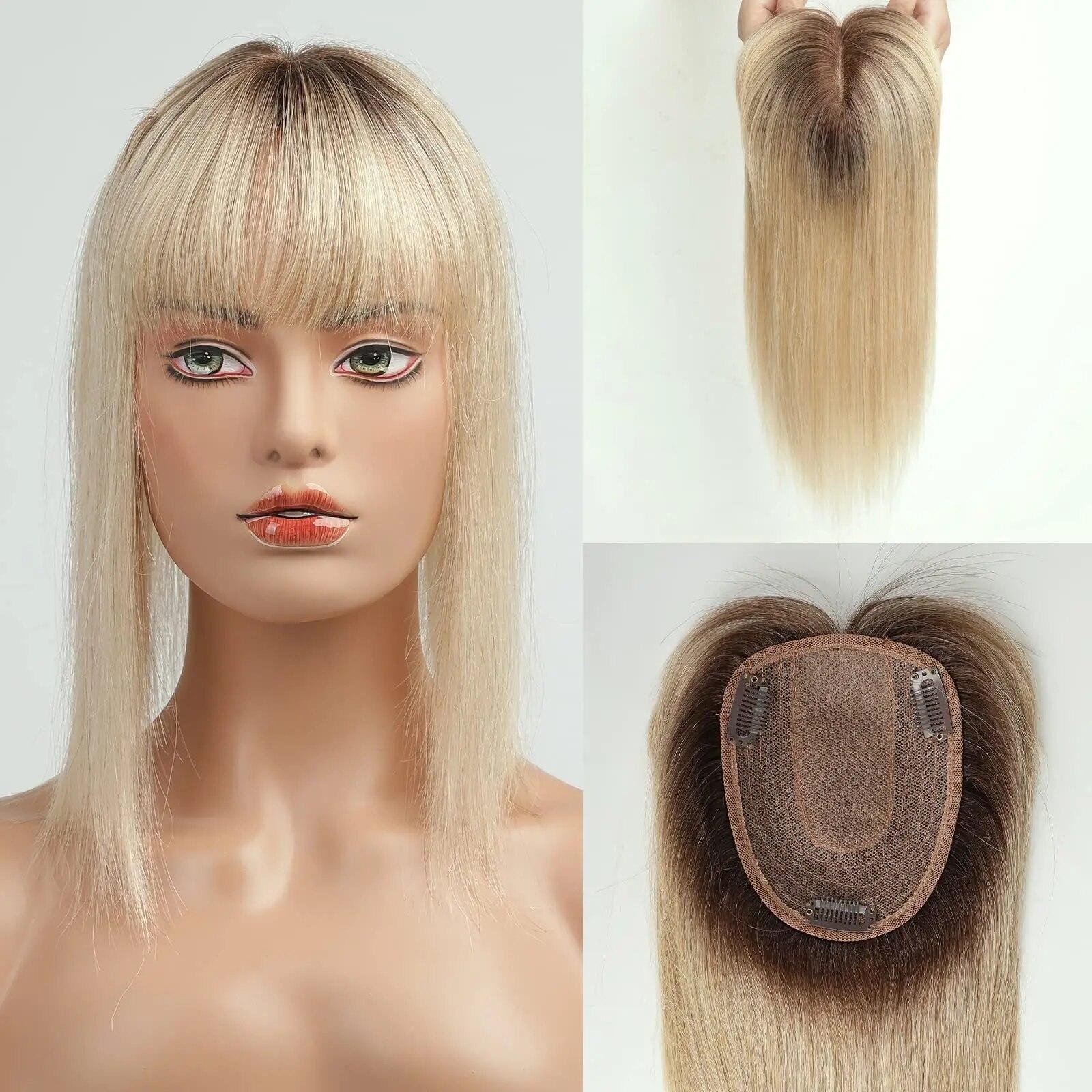HAIRCUBE Glatter Remy-Echthaar-Topper mit Pony, Toupet-Haarteil, Seidenbasis, Clip-in-Topper, Oberhaar, für Haarausfall, Frauen, Ombré-Blond 25cm
