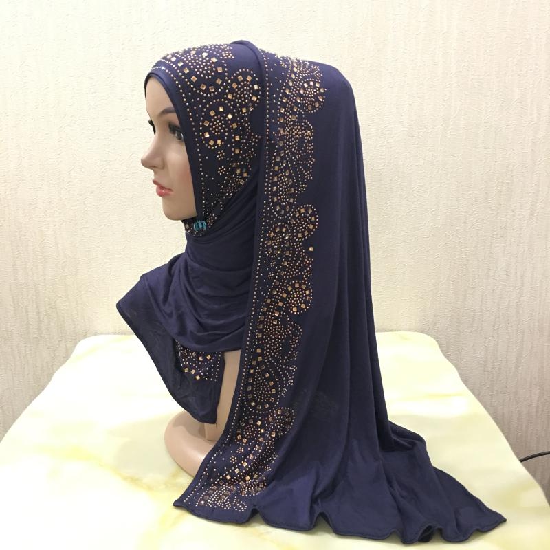H099 hochwertiger weicher Jersey-Schal mit Steinen zum Überziehen Modal-Kopfschal Damen-Hijab islamischer Damen-Schal Kopftuch navy blau