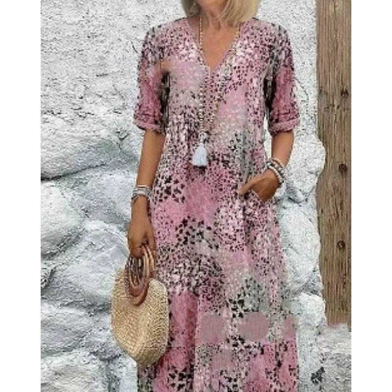 Damenmode Sommer Frühling Kurzarm V-Ausschnitt Freizeitkleider XXL rosa
