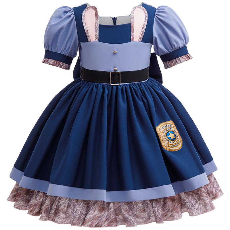 Kinder Mädchen Häschen Kaninchen Polizei Kurzarm Kleid Geburtstag Halloween Cosplay Kostüme 150cm blau