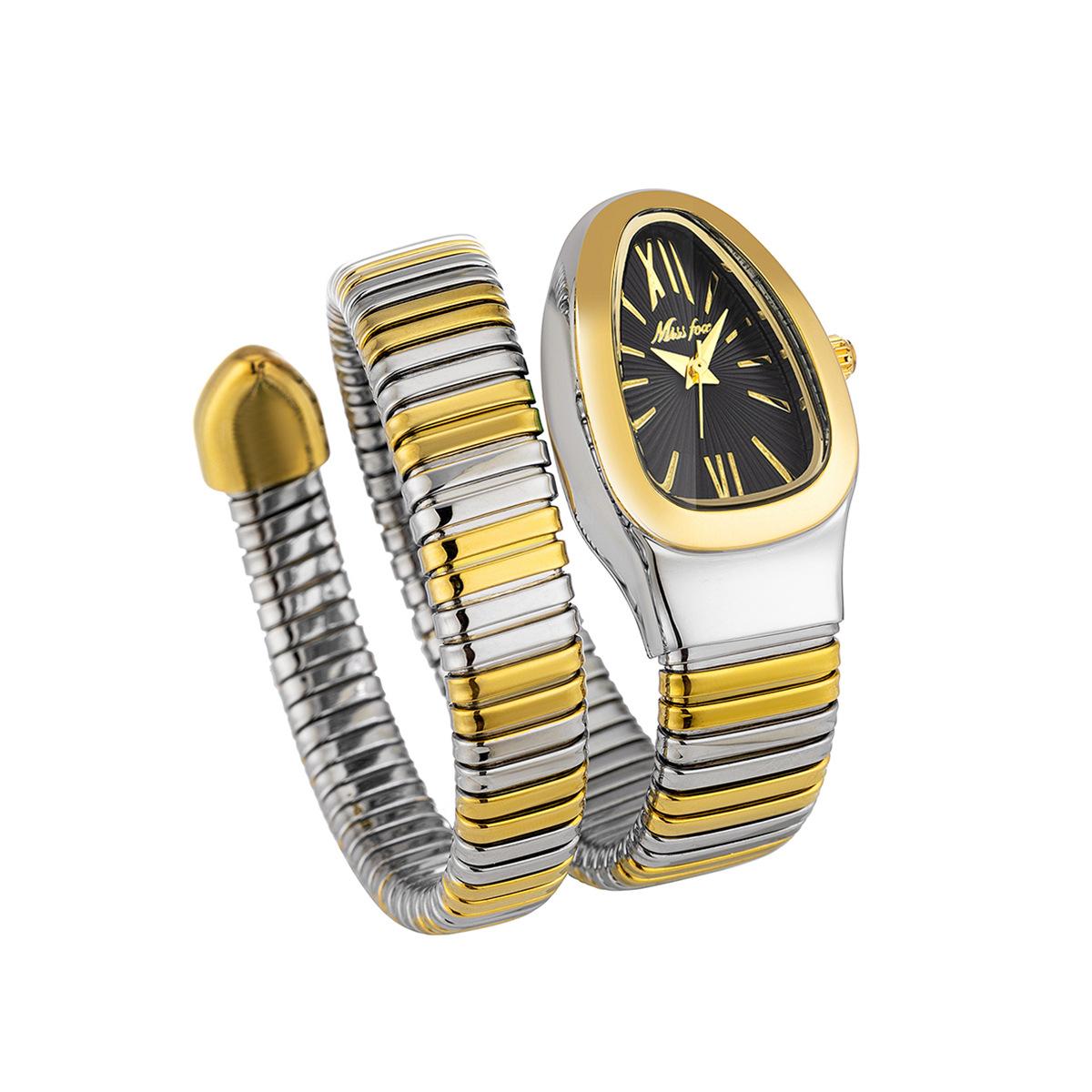 MISSFOX Klassische Schlangenform-Uhr für Damen, Gold/Silber, skalierbares Armband, Damenuhren, Quarz-Damenarmbanduhr silber/schwarz