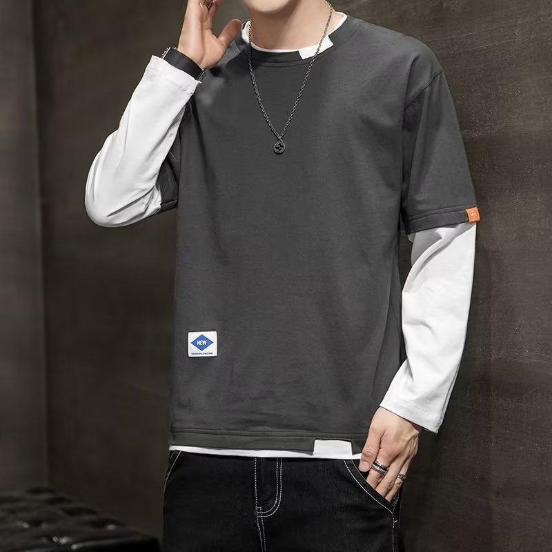 Langarm-T-Shirt Unterhemd Herren Frühling Koreanische Version des Fake-Zweiteilers Rundhals Slim Herbstkleidung Herren T-Shirt Kleidung Herren M grau