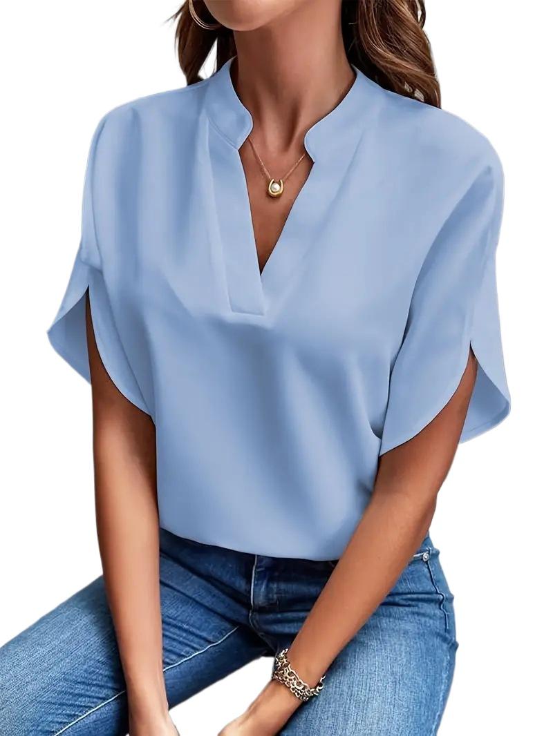 Damenmode, lässig, Sommer, einfarbig, kurzärmelig, V-Ausschnitt, Blusen und Hemden L blau