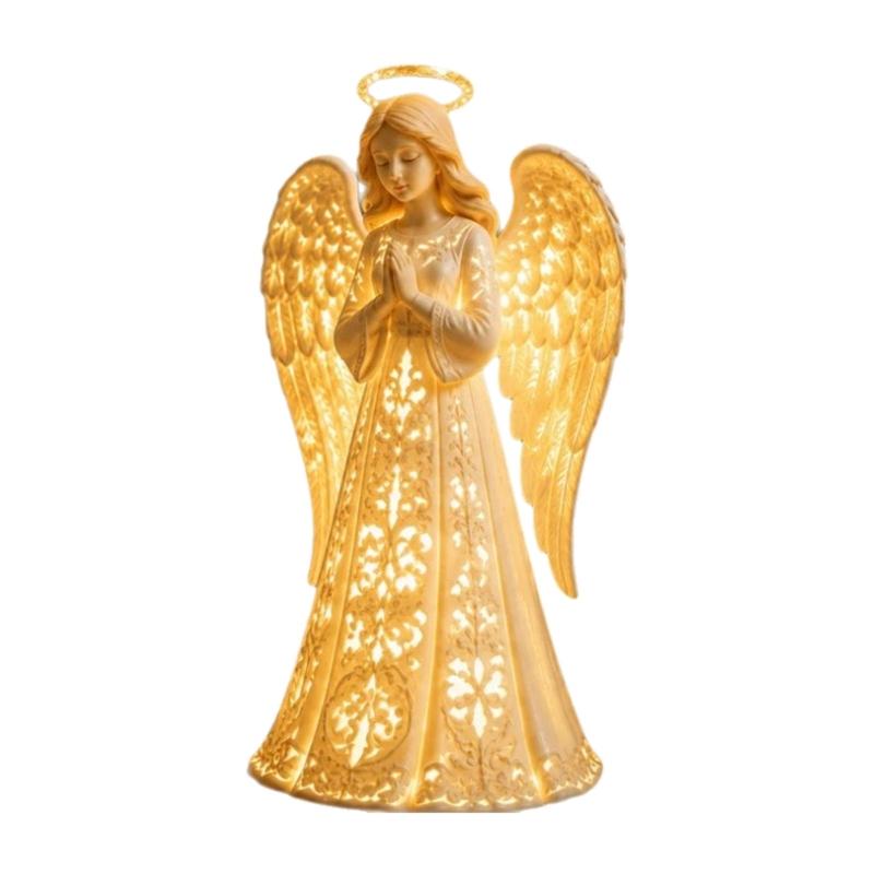 Guarder Engel Figur Leichte Harz Engel Statue mit Integriertem Warmen LED Licht, Gebetshaltung und Gemusterten Robenöffnungen für Weihnachtsregal 1 orange