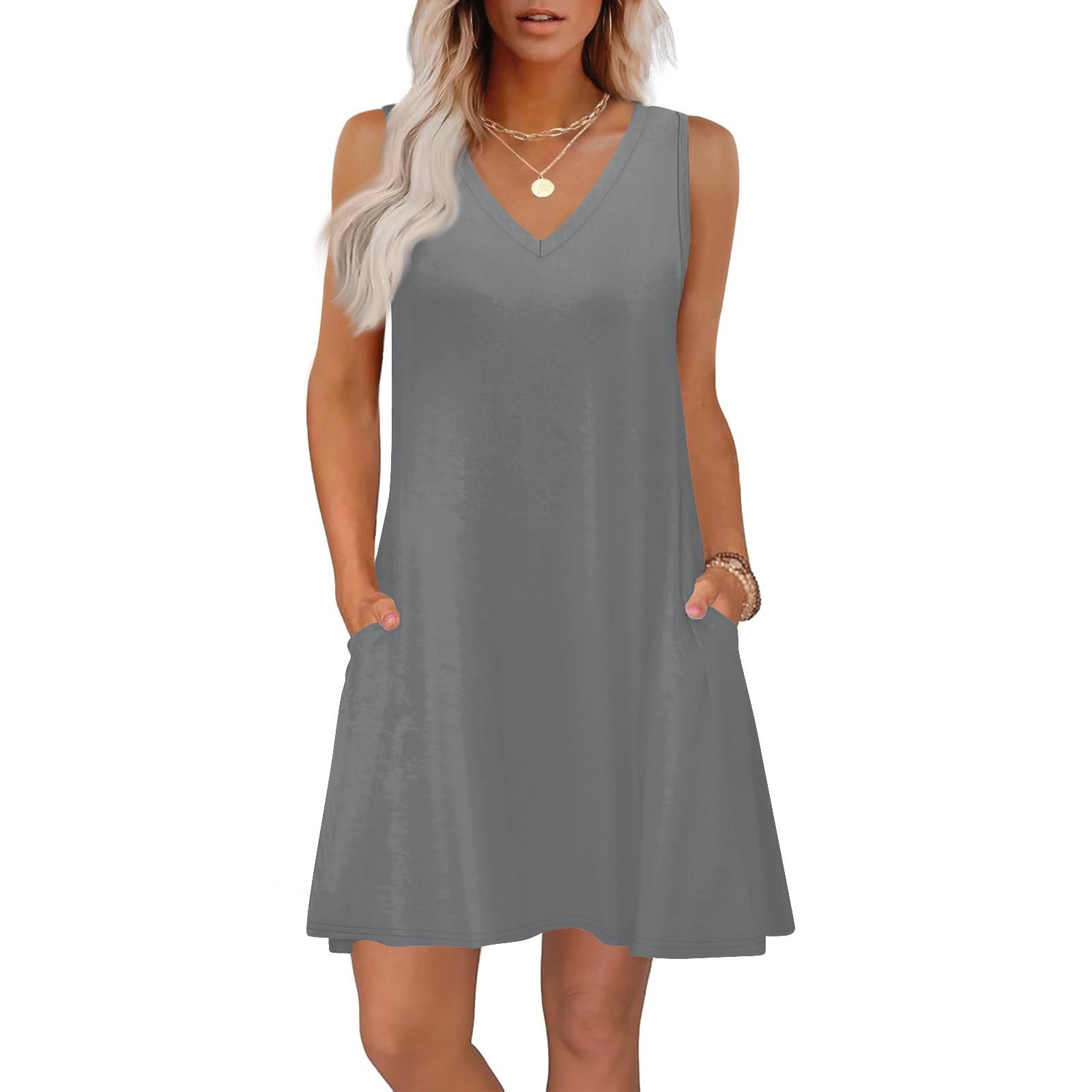 Sommerkleider für Damen, lockere Passform, einfarbig, V-Ausschnitt, ärmellos, Sommerkleider, Strand, Hawaiikleid mit Taschen M brown