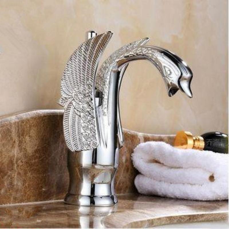 Europäischer Retro-Wasserhahn, Schwan, heißer und kalter Waschbecken-Wasserhahn, Retro-Vollkupfer unter dem Waschbecken, goldener Wasserhahn