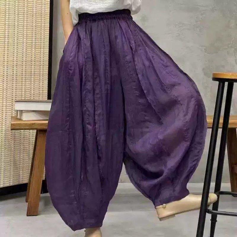 Sommer Herbst Baumwolle und Leinen Bloomers Hose Damen Lockere Hose Mode Damen Vintage Bedruckte Florale Bohemian Gerade Hose M violett