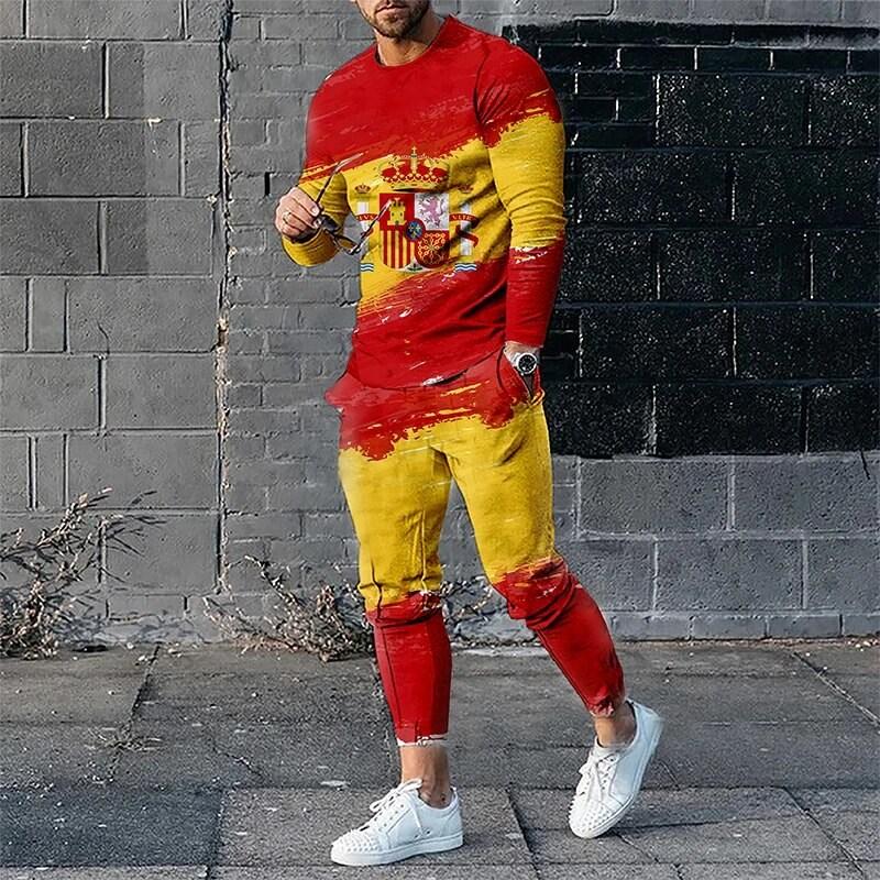 Langärmliger 2-teiliger Herrenanzug mit 3D-Aufdruck, französische, brasilianische, spanische Flagge, modischer, lässiger Rundhalspullover und Jogginghose 4XL red