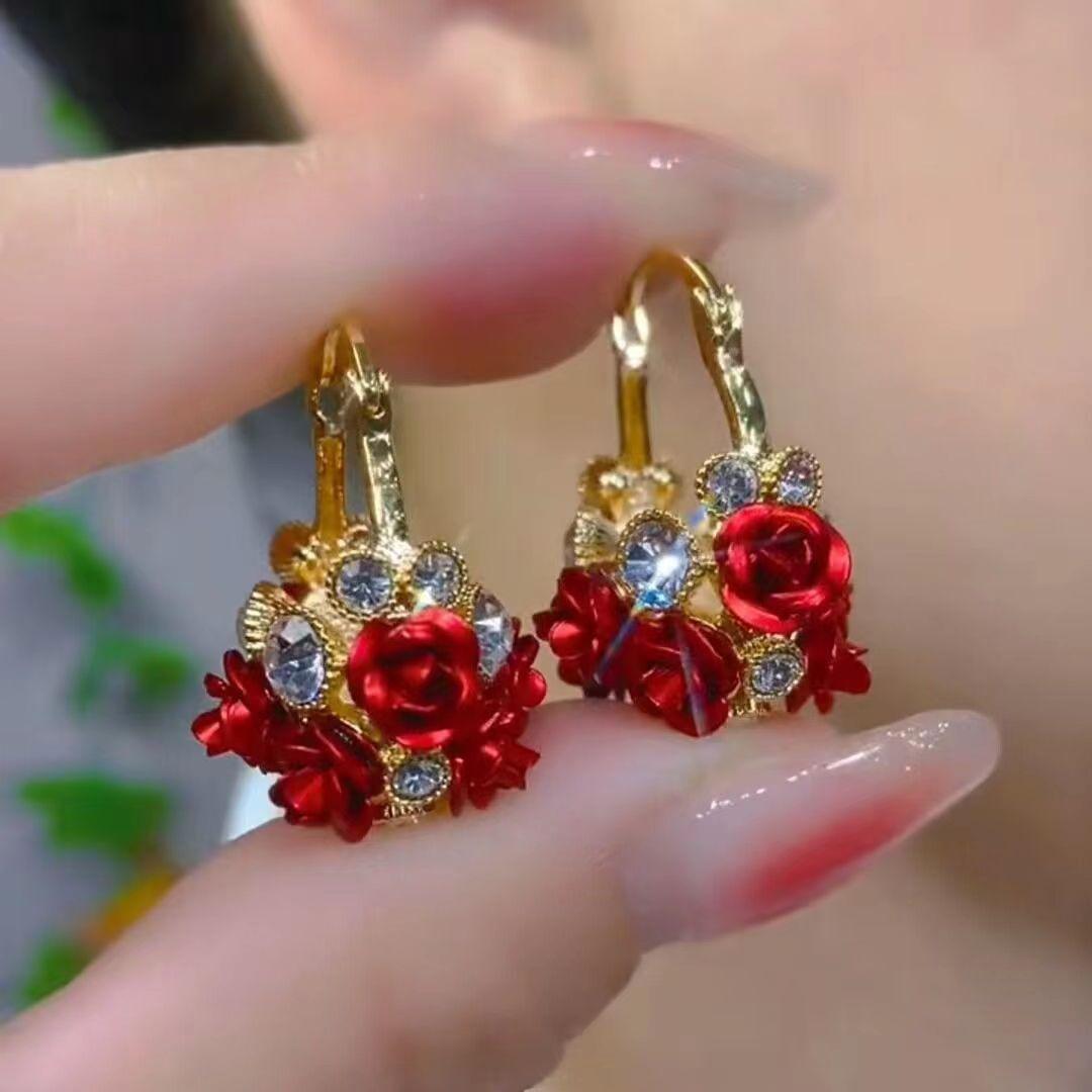 Blumenkorb Rote Rose Ohrringe Frauen Retro Übertrieben Ohrringe Rote Ohrringe