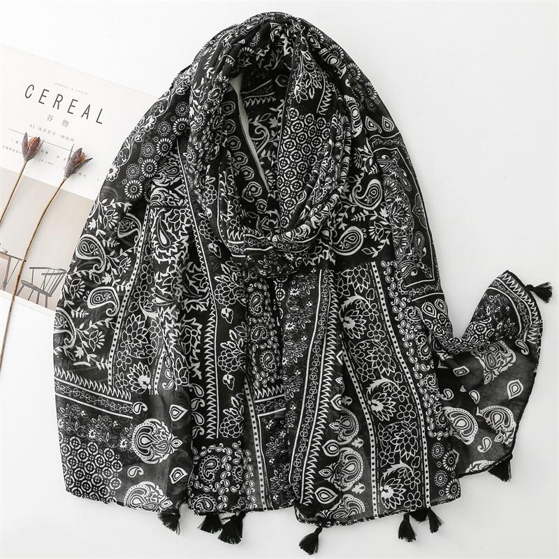 Dünner, modischer Schal aus Viskose mit aztekischem Paisley-Blumenmuster und Quasten, hochwertige Stola/Pashmina, Bufandas/Muslimischer Hijab, 180 x 90 cm gray