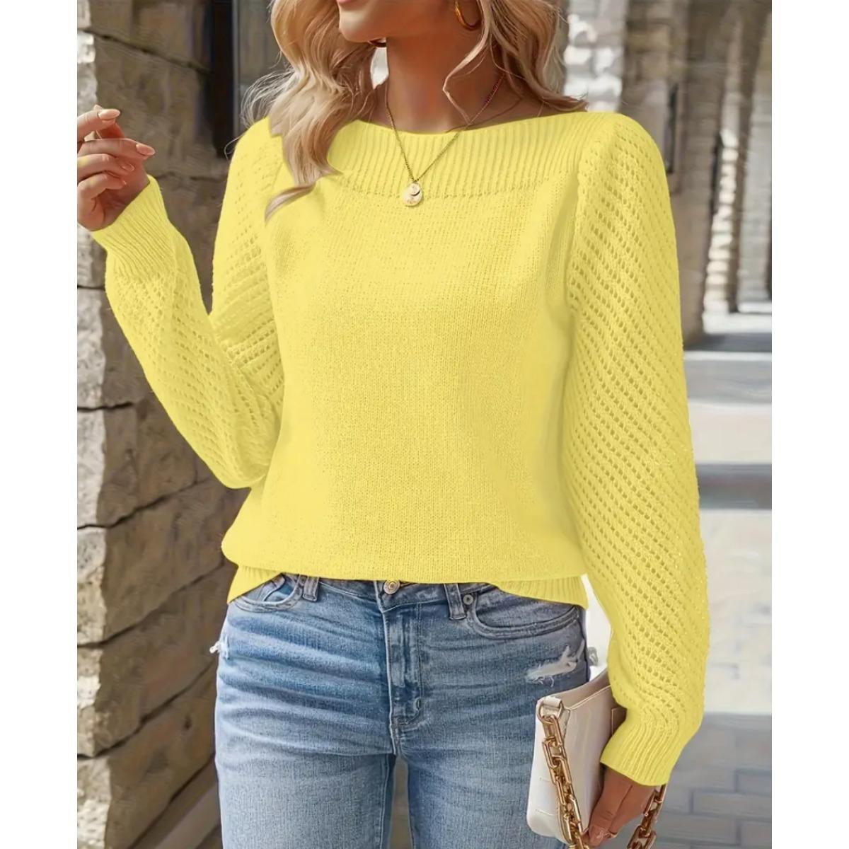 Pullover Damen Frühling und Herbst Einfarbig Aushöhlen Langärmlig Ein Schulter Freipullover Gestrickter Pullover Top XS gelb