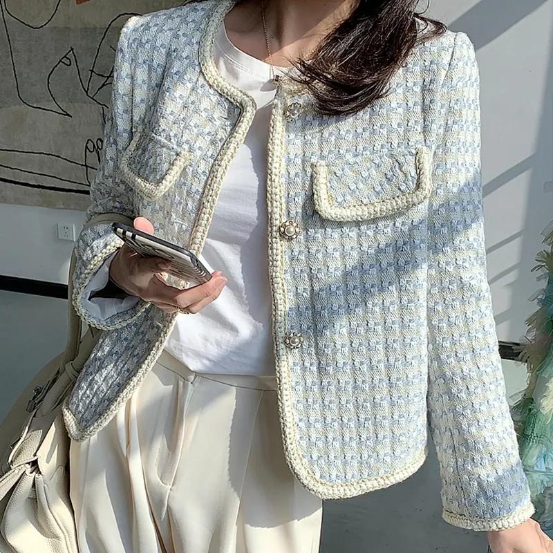 Hochwertige Temperament Damen Stil Tweed Kurze Jacke Frauen Frauen Herbst Elegante Weibliche Mode Jacke Mantel Frau M blau
