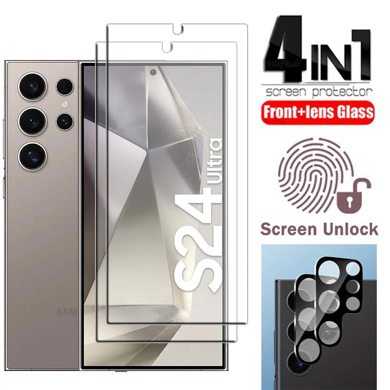 4in1 [Fingerabdruck-ID-Entsperren] 2 Stück Displayschutzfolie aus gehärtetem Glas 2 Stück Linsenglas für Samsung Galaxy S24 / S24+ / S24 Ultra / S23 S23+ S22 5G S21 Plus Samsung Galaxy S23+ reinfarbig