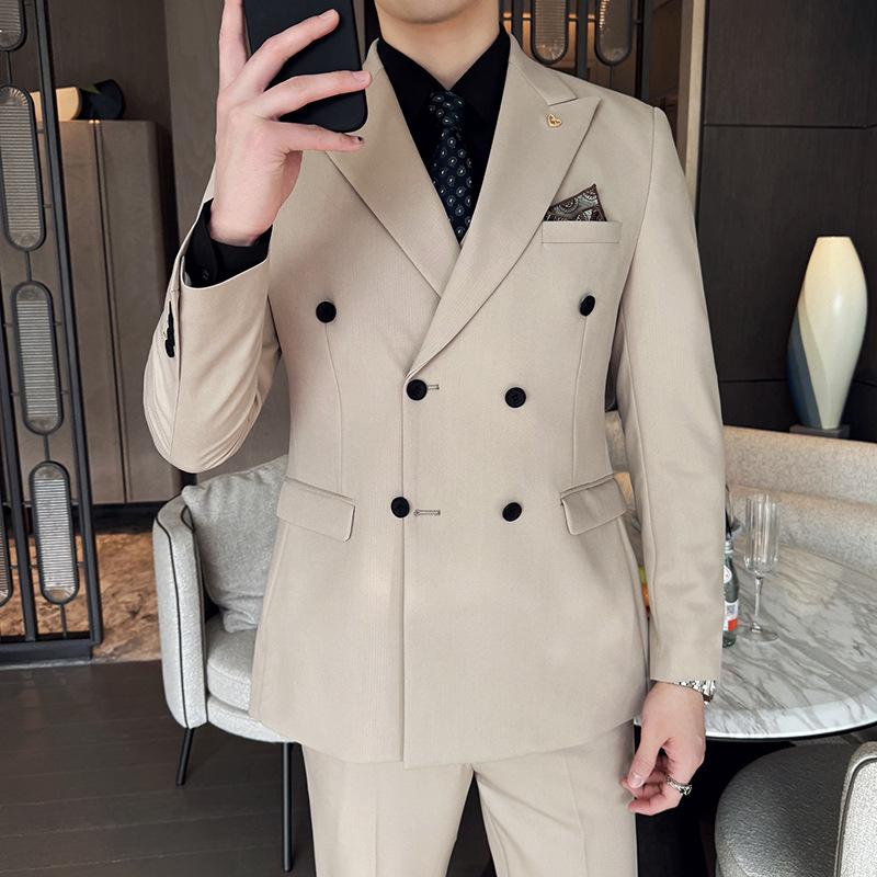 Herren Langarm Schleifenhals Zweireiher Anzug, High-End Business Casual einfarbiger Anzug XXL beige
