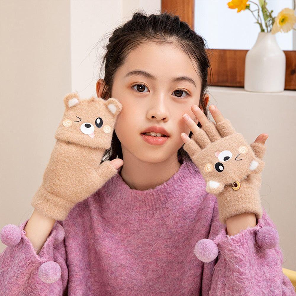 Verdickte Halbfinger-Klapphandschuhe für Studenten, Nerz-Fleece, Weihnachtsgeschenke, Kinder-Winterhandschuhe für Jungen und Mädchen Dark Coffee