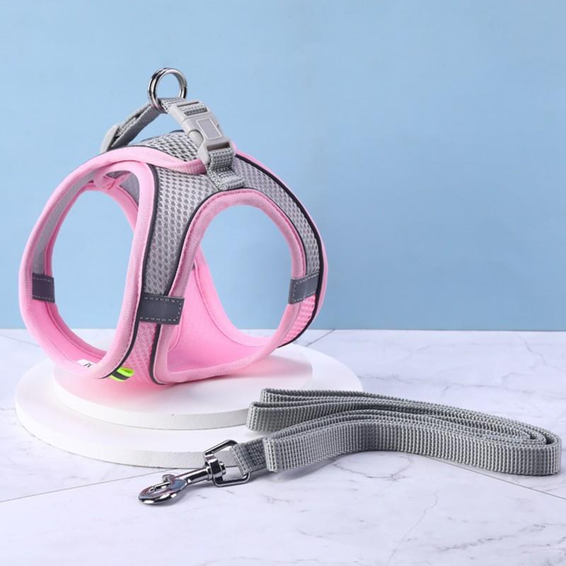Hundegeschirr für kleine Hunde und Katzen, reflektierendes Haustiergeschirr und Leine-Set, verstellbar, atmungsaktiv, Brustweste, Leine, Hundezubehör M rosa