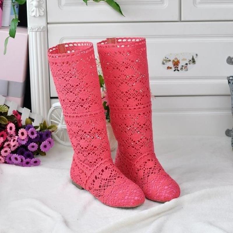 2025 neue Frühling Spitze hohl Martin Stiefel Einzelstiefel flache hohe Stiefel Netzstiefel coole Stiefel Lochschuhe Damenstiefel single layer wassermelone roten