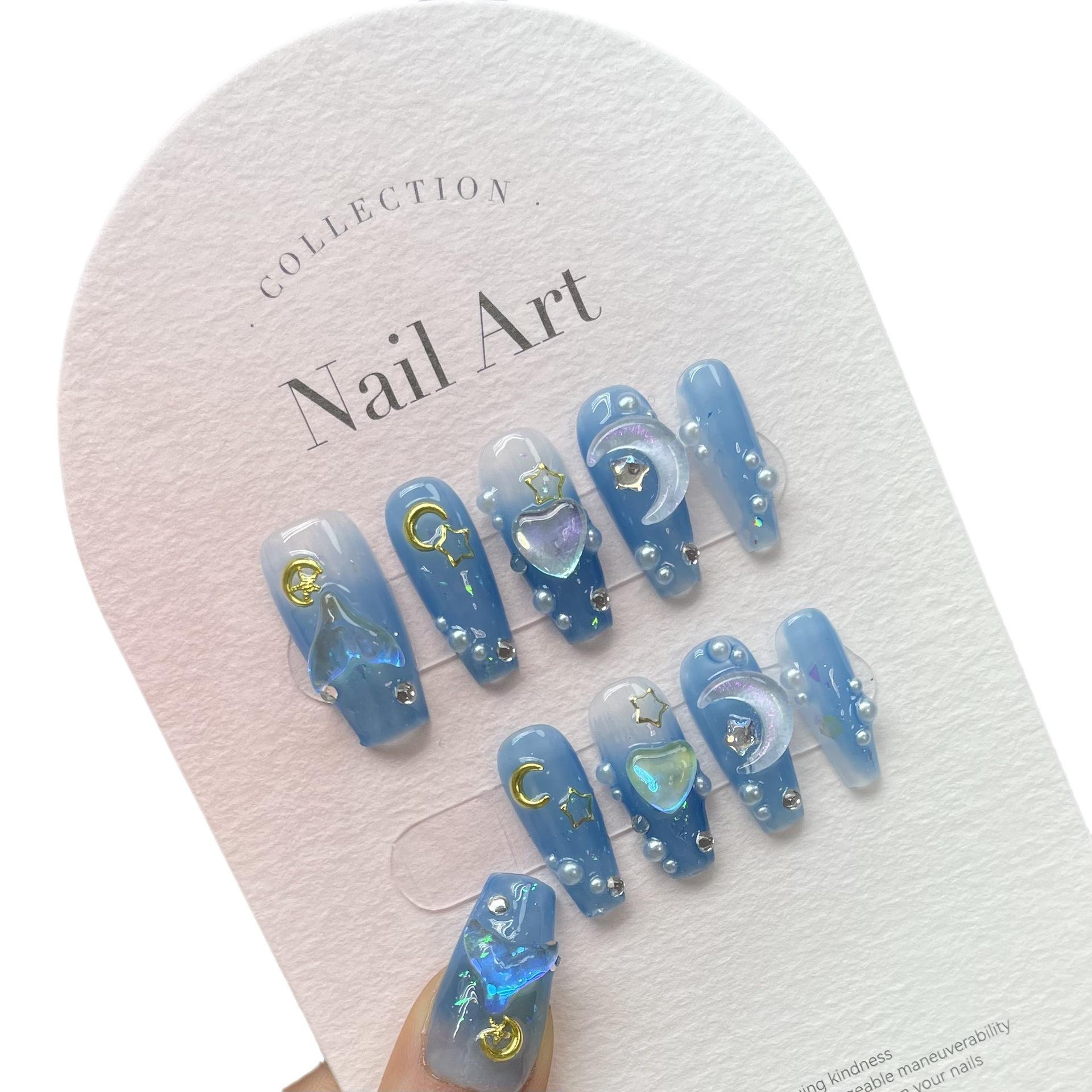 10 Stück handgemachte Press on Nails Long Ballet Blue Fake Nails mit 3D Ocean Moon Strass Design Falsche Nägel Full Cover Nail Tips M