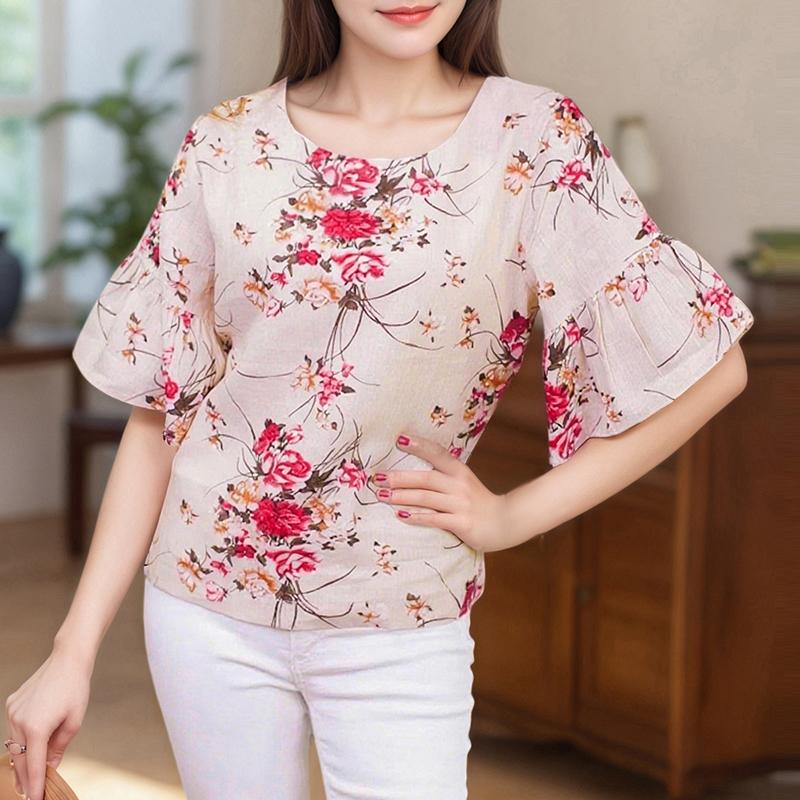 ZANZEA Damen Lässige Bluse mit Rundhalsausschnitt und 3/4-Ärmeln, lockere Bluse mit Blumenmuster 3XL rosa