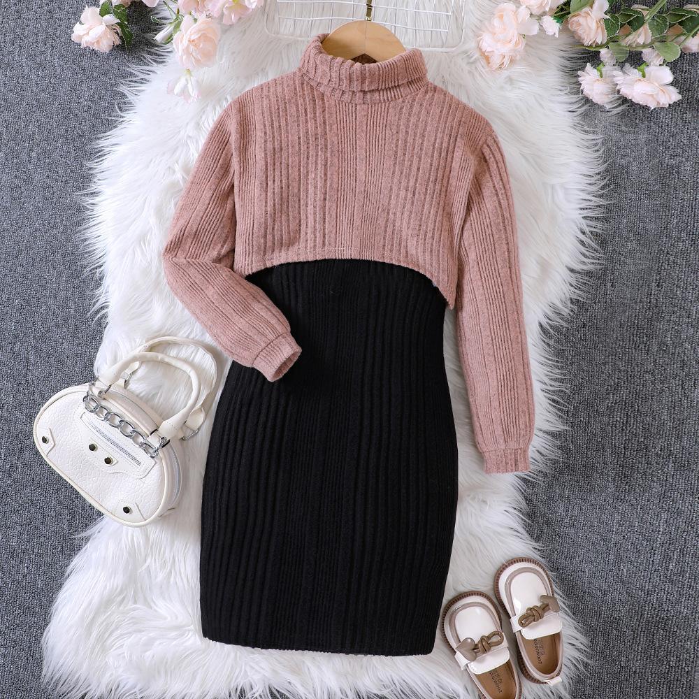 Teen Mädchen Mode Kleidung für 6-12 Jahre alte Kinder Kleidung Frühling Herbst gestrickte Bluse Hosenträger Kleid Set 120cm khaki