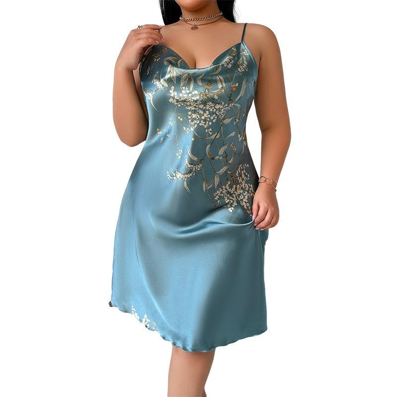 Übergröße Bedruckter Faux-Seiden-Pyjama für Damen, Sexy Polyester Neckholderkleid, Rückenfreies Hauskleid, Freizeit-Pyjama 1XL grün