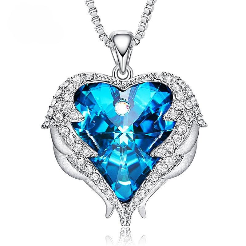 Kreative Halskette Herz Engelsflügel Bunter Kristallanhänger Geschenke für Mädchen blue