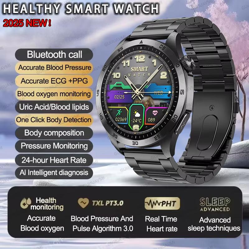 2025 Neue Mikro-Körperliche Untersuchung Blutfette Harnsäure Blutdruck Smartwatch EKG+PPG Uhr Bluetooth-Anruf Smartwatch Herren Steel schwarz