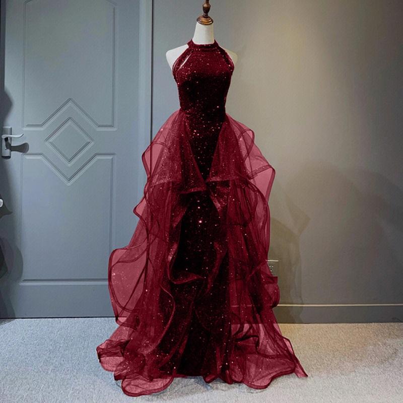 Abendkleid Damen Neuer Stil Leichter Luxus Nische Bankett Klavier Gesang Geige Kunstprüfung Moderator Jahrestagung XS rot