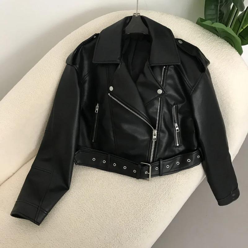 Frühlingsfrau Kunstlederjacke Chic Vintage American Street Wear Kurzer Revers Reißverschluss Gürtel Bikermäntel Mode Streetwear XS schwarz
