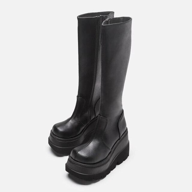 Plattform Stiefel Frauen Keil Kniehohe Stiefel Winter Damen Schuhe Leder Reiten Zipper dicken boden Lange Stiefel Herbst Herbst 40 schwarz