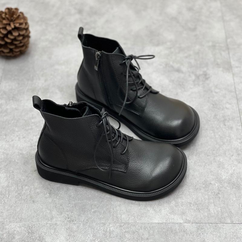 Johnature Echtleder-Winterstiefel für Damen, mit Reißverschluss, runder Spitze, flach, mit handgefertigten Freizeit-Nähstiefeln für Damen 35 schwarz