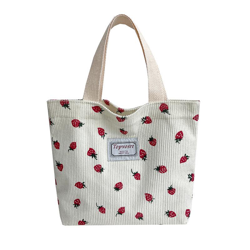 Große Kapazität Erdbeer-Print Handtasche Corduroy Koreanischer Ins-Stil Mode Lunchtasche Pendler-Handtasche